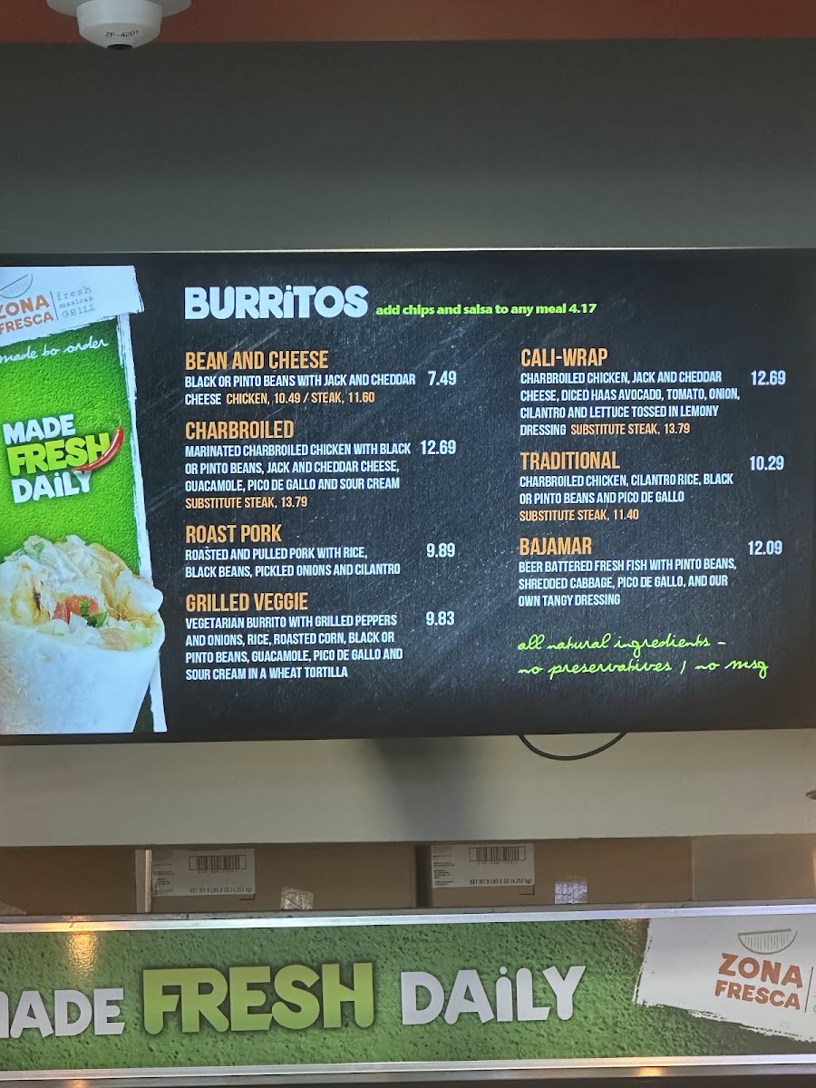 Zona Fresca menu board