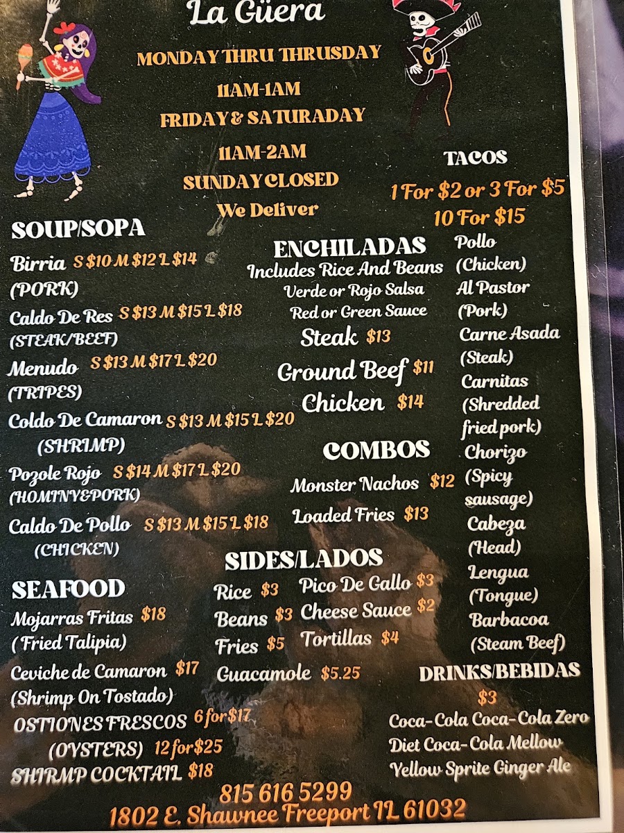 La Guera menu board