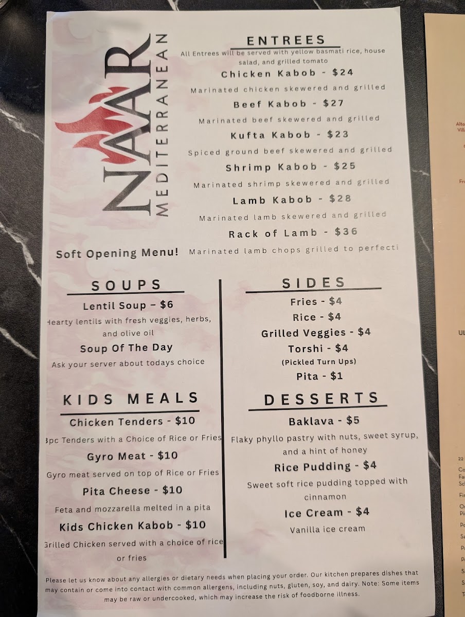 Naar Mediterranean Bar & Grill menu board