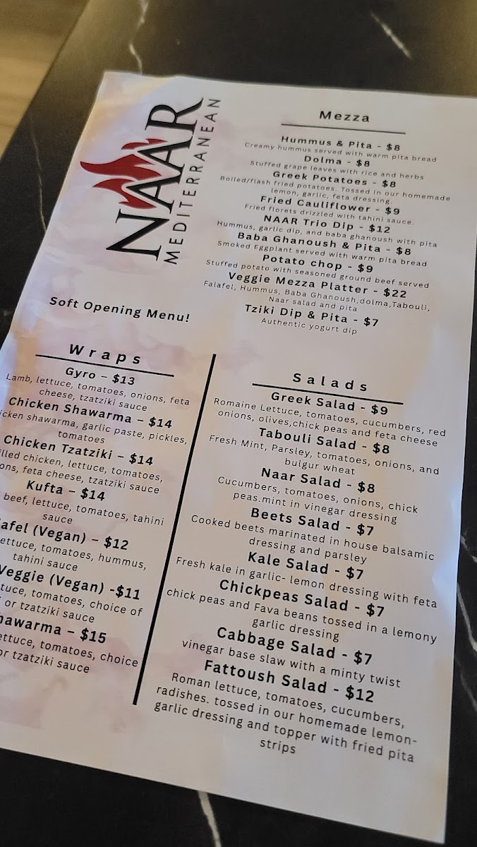 Naar Mediterranean Bar & Grill menu board