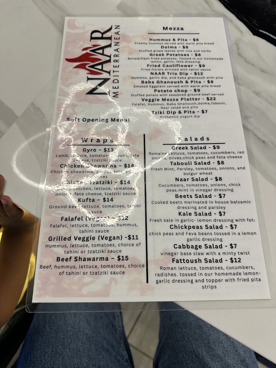 Naar Mediterranean Bar & Grill menu board