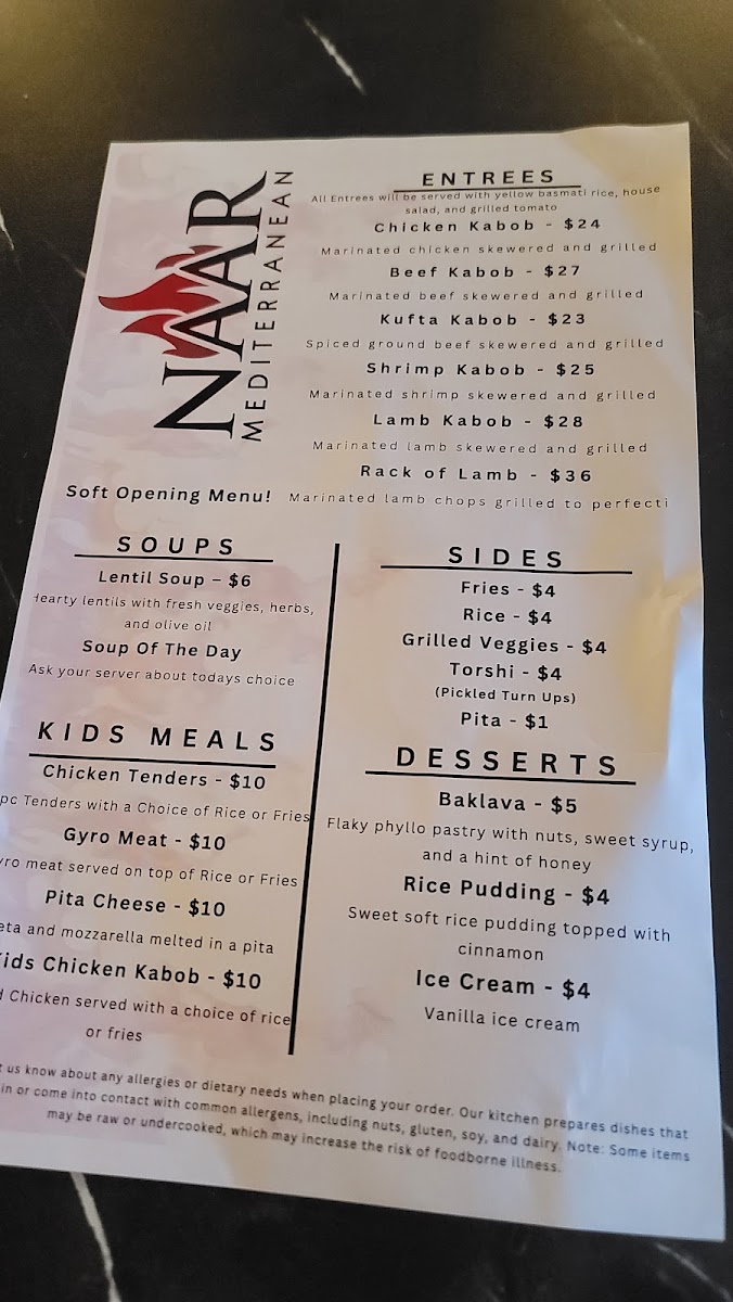 Naar Mediterranean Bar & Grill menu board