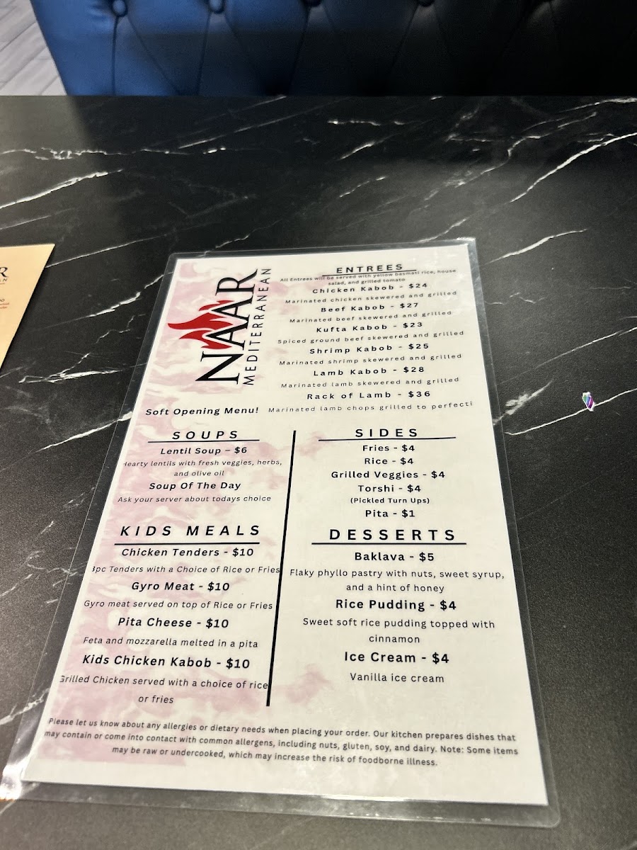 Naar Mediterranean Bar & Grill menu board