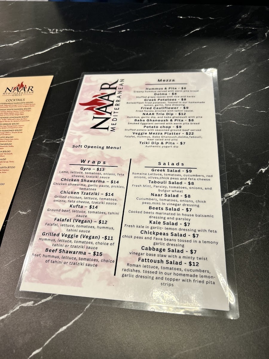 Naar Mediterranean Bar & Grill menu board
