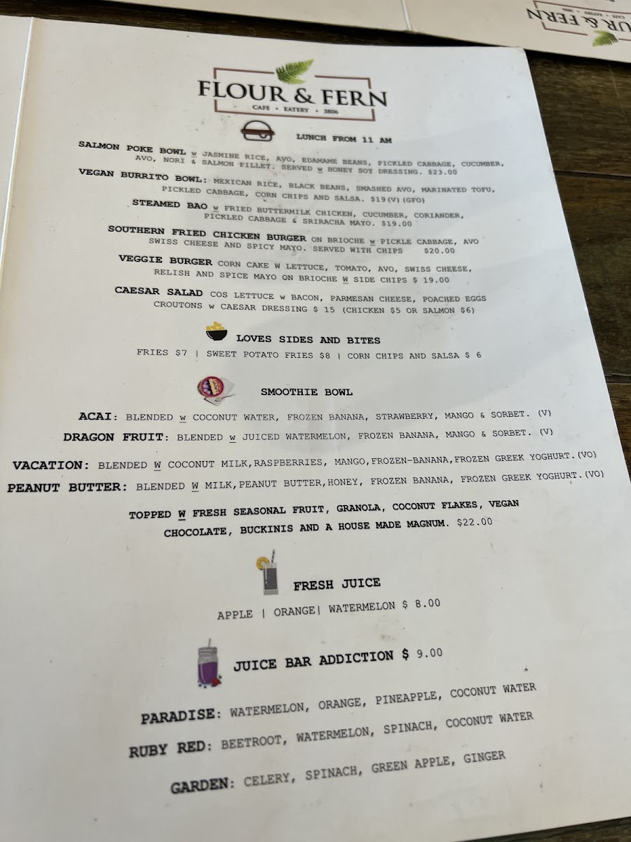 Flour & Fern Cafe menu board
