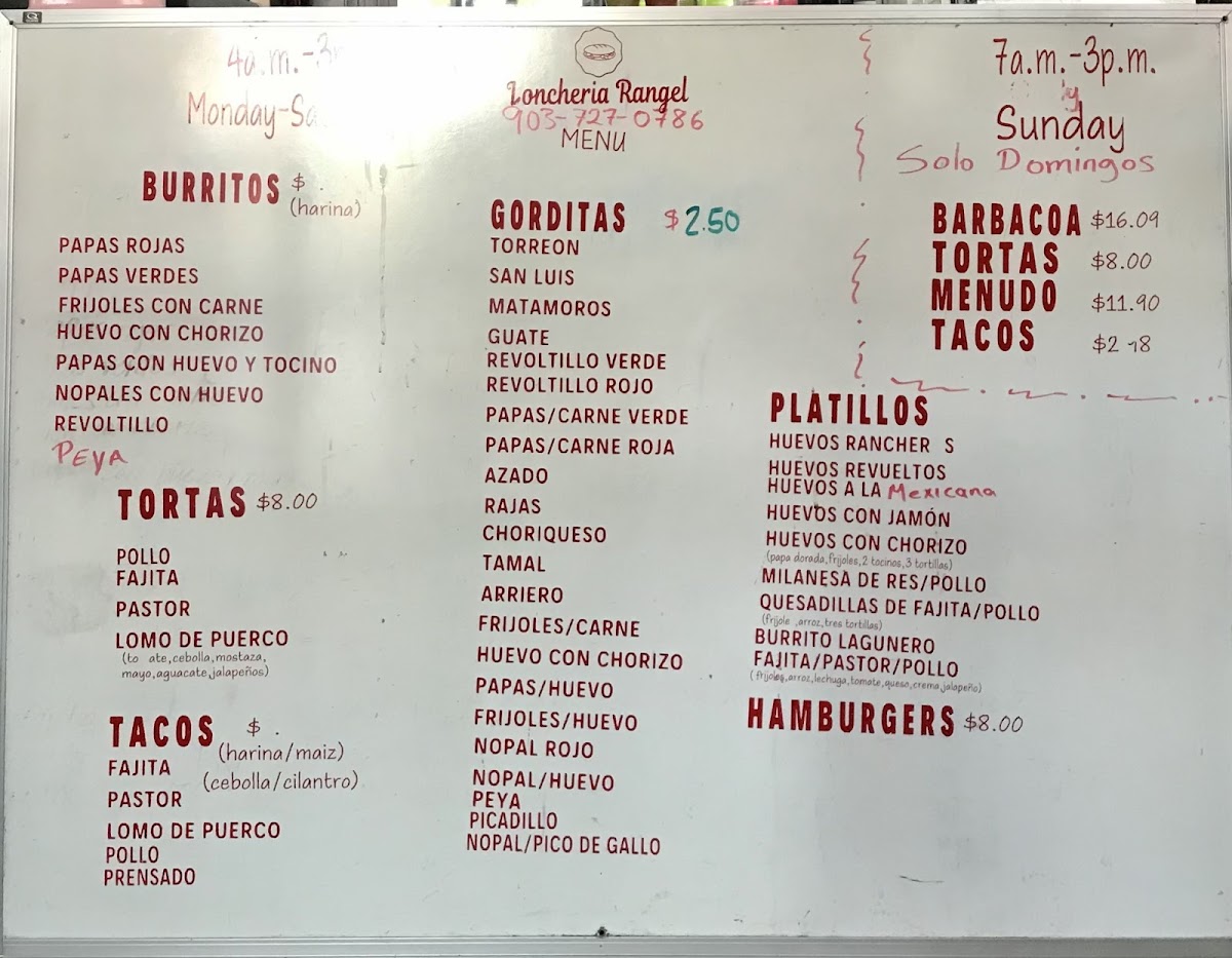 Loncheria Rangel menu board