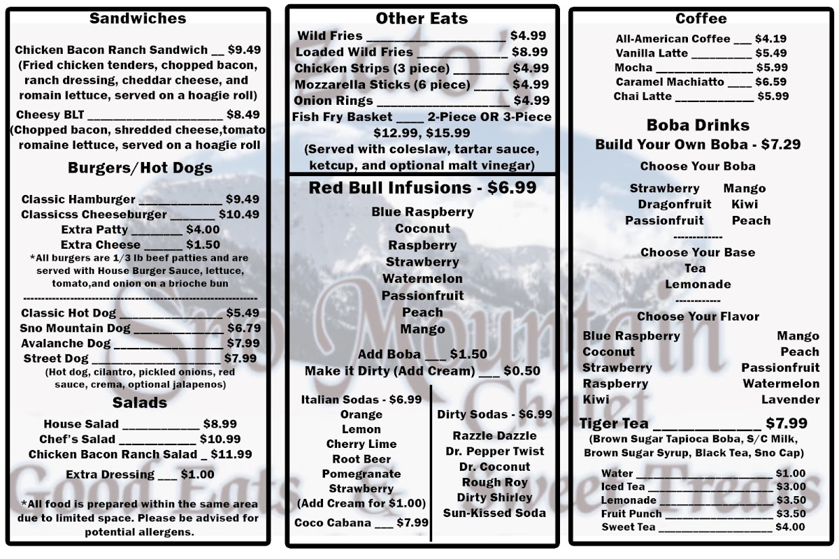 Sno Mountain Chalet menu board