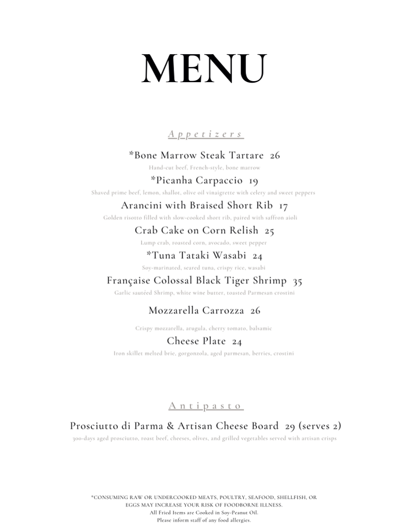 The Falls at Blue Ridge | Restaurant menu board