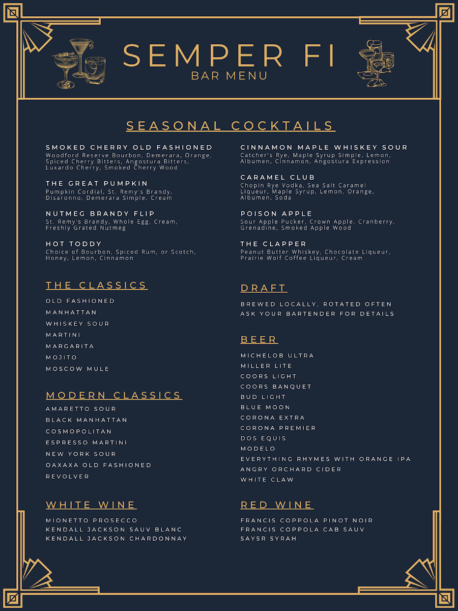 Semper Fi Bar & Grill menu board
