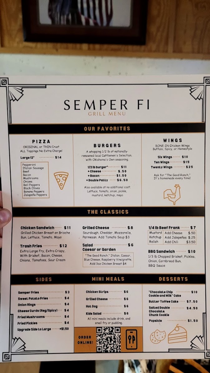 Semper Fi Bar & Grill menu board