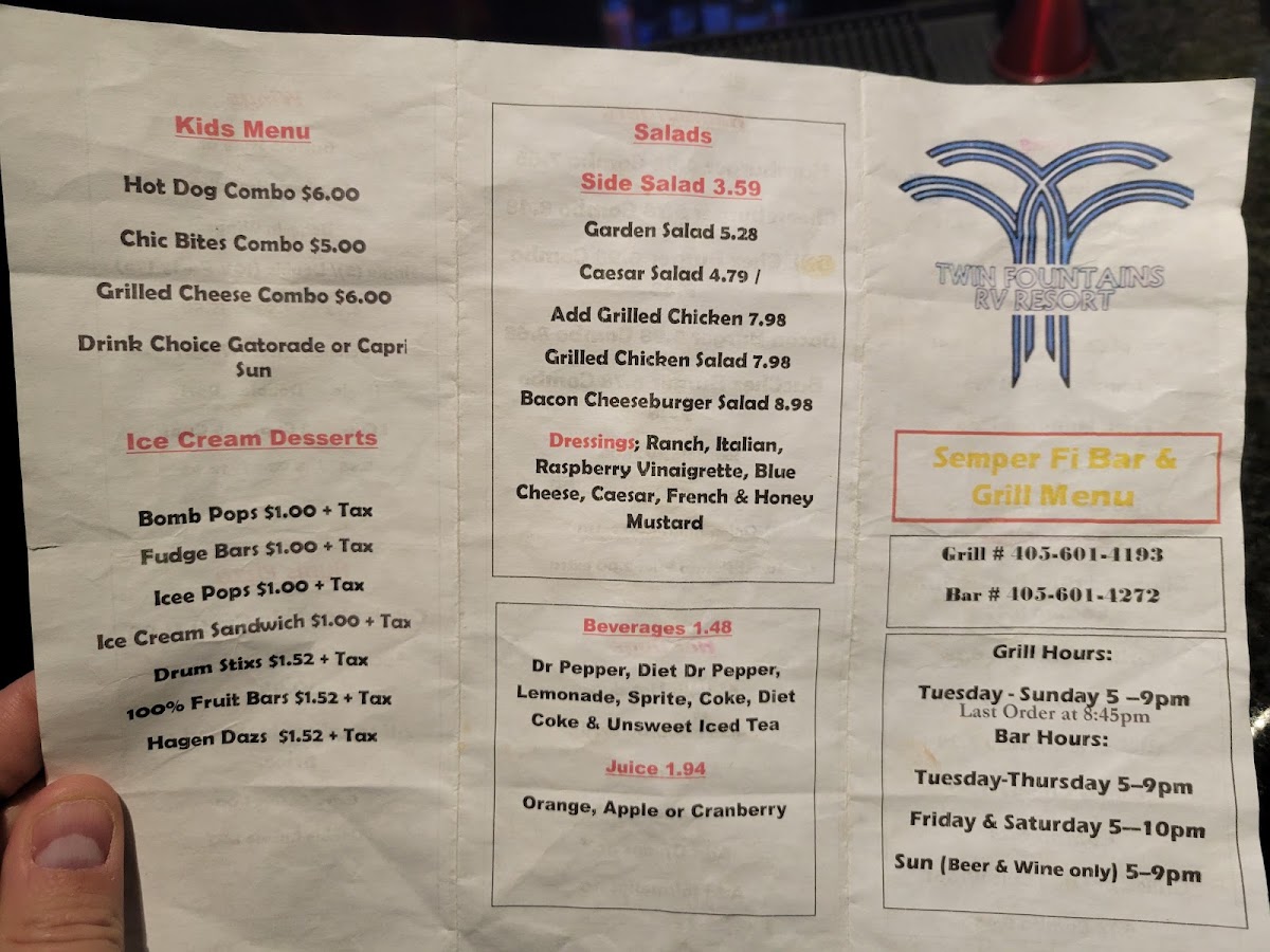 Semper Fi Bar & Grill menu board