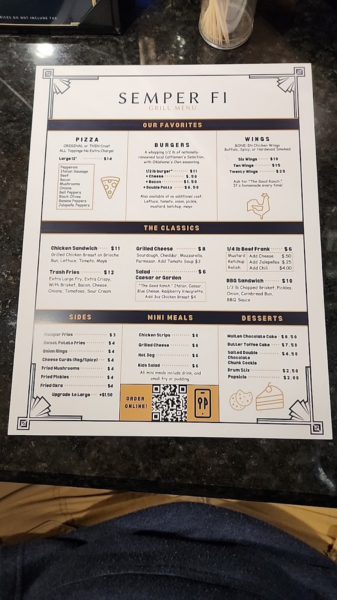 Semper Fi Bar & Grill menu board