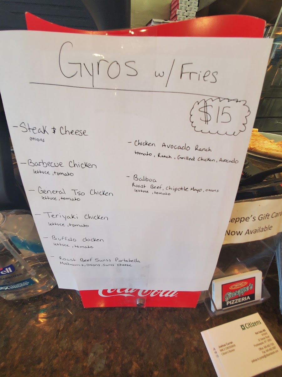 Giuseppe's Pizzeria & Restaurant menu board