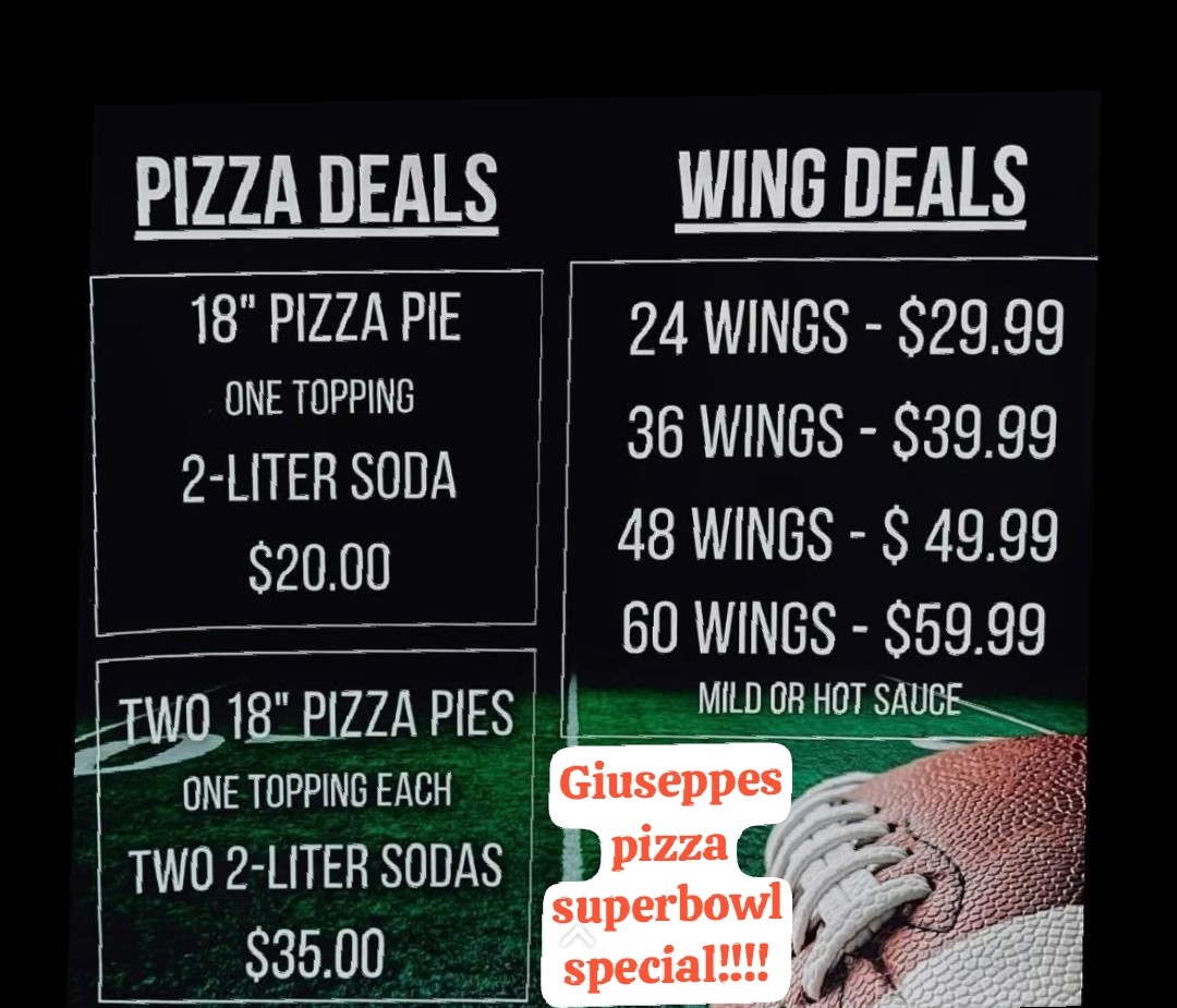 Giuseppe's Pizzeria & Restaurant menu board