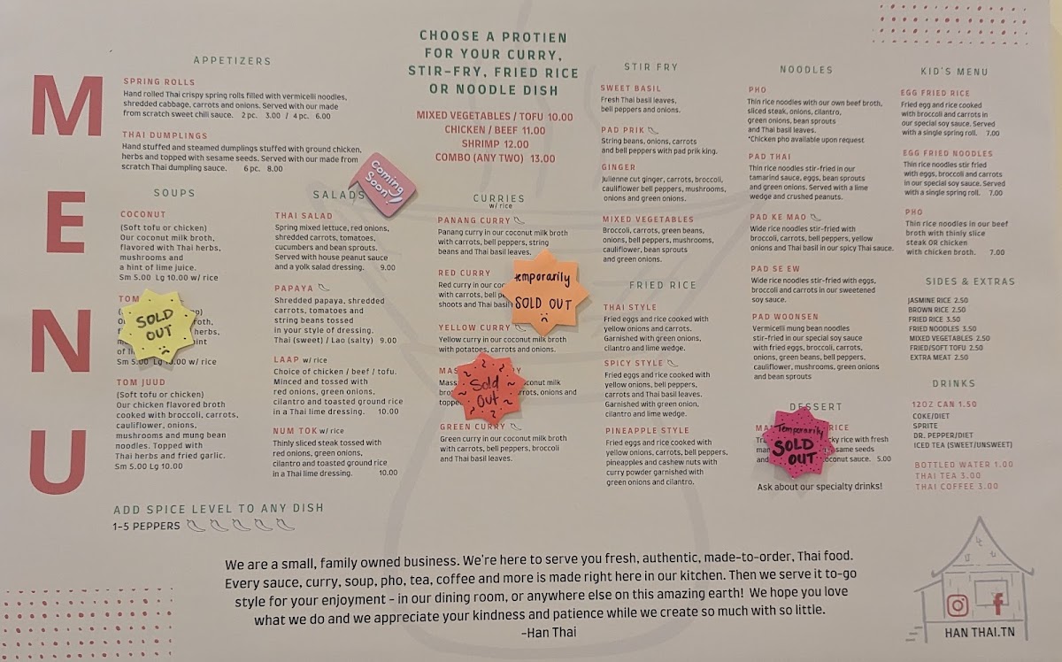Han Thai menu board