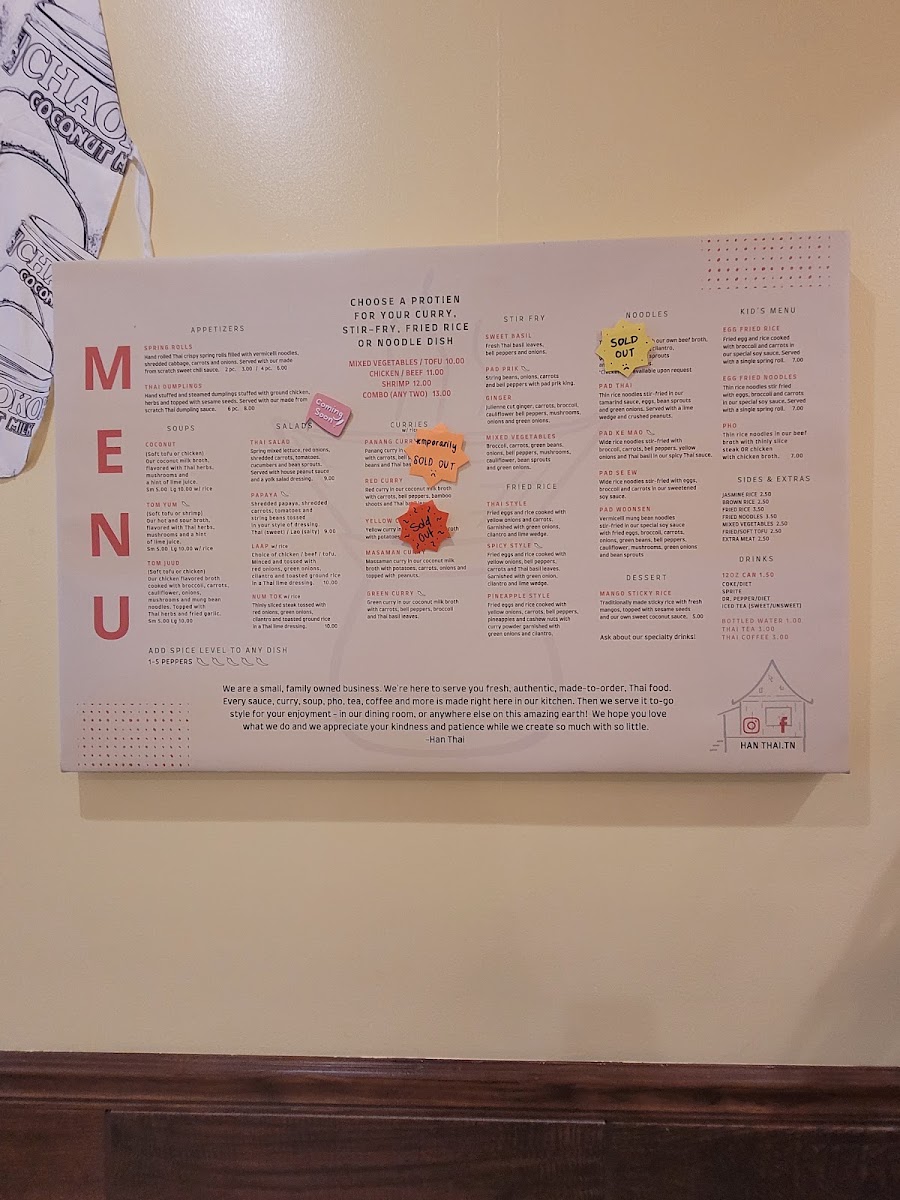 Han Thai menu board