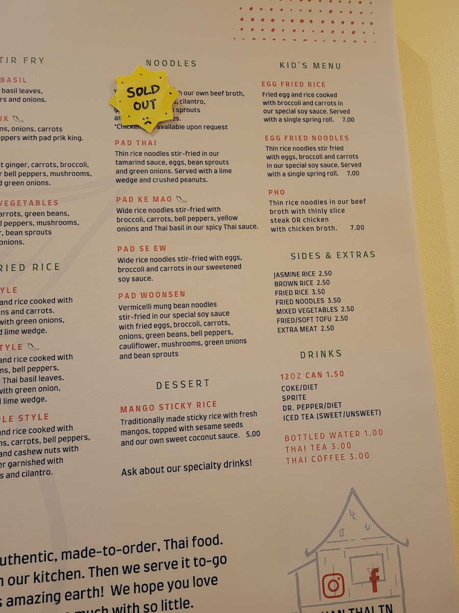 Han Thai menu board