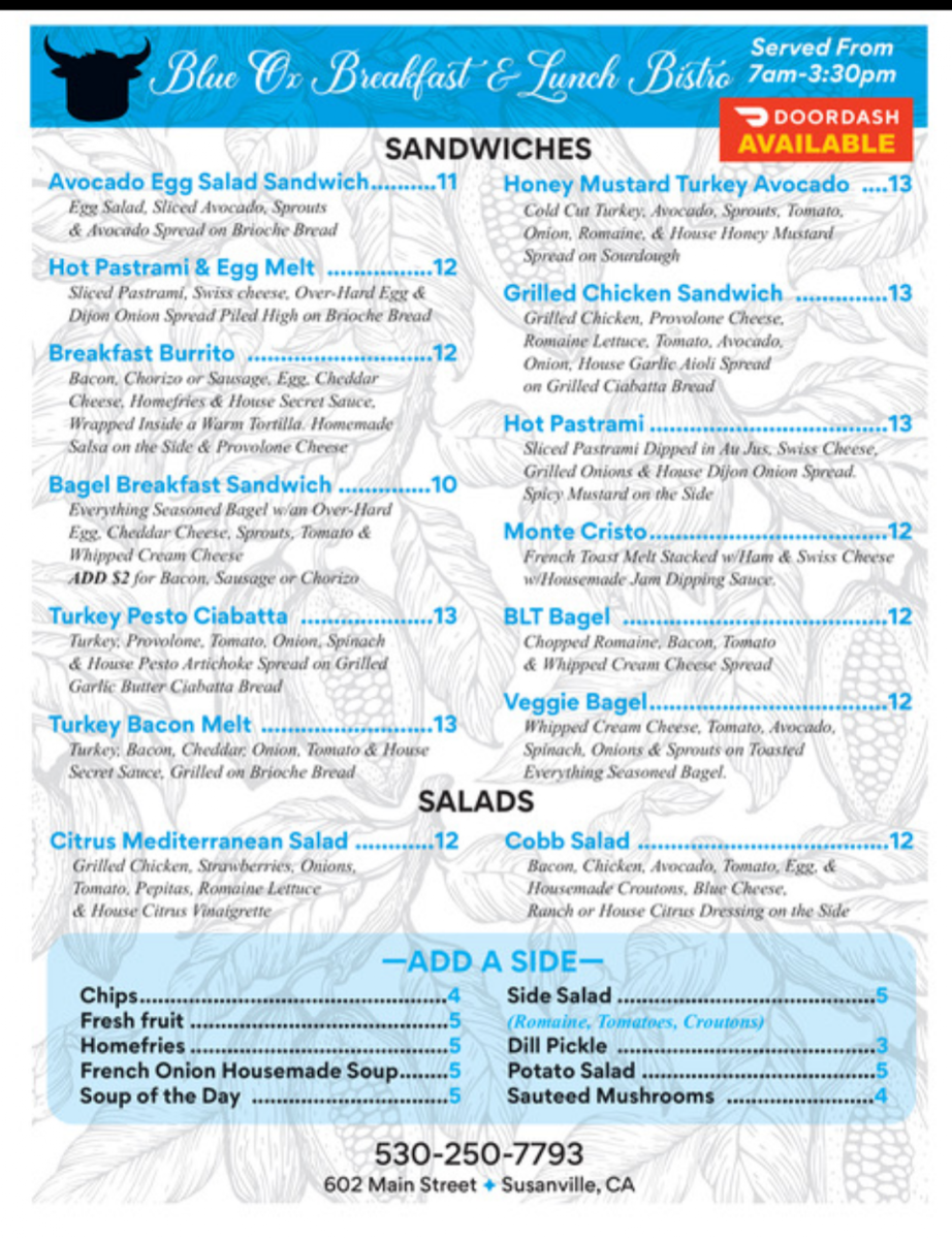 Blue Ox Bistro, Ice Cream Parlor, and Chocolates menu board