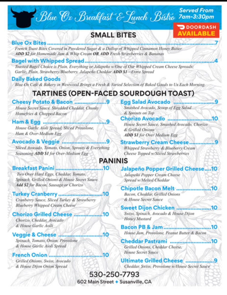 Blue Ox Bistro, Ice Cream Parlor, and Chocolates menu board