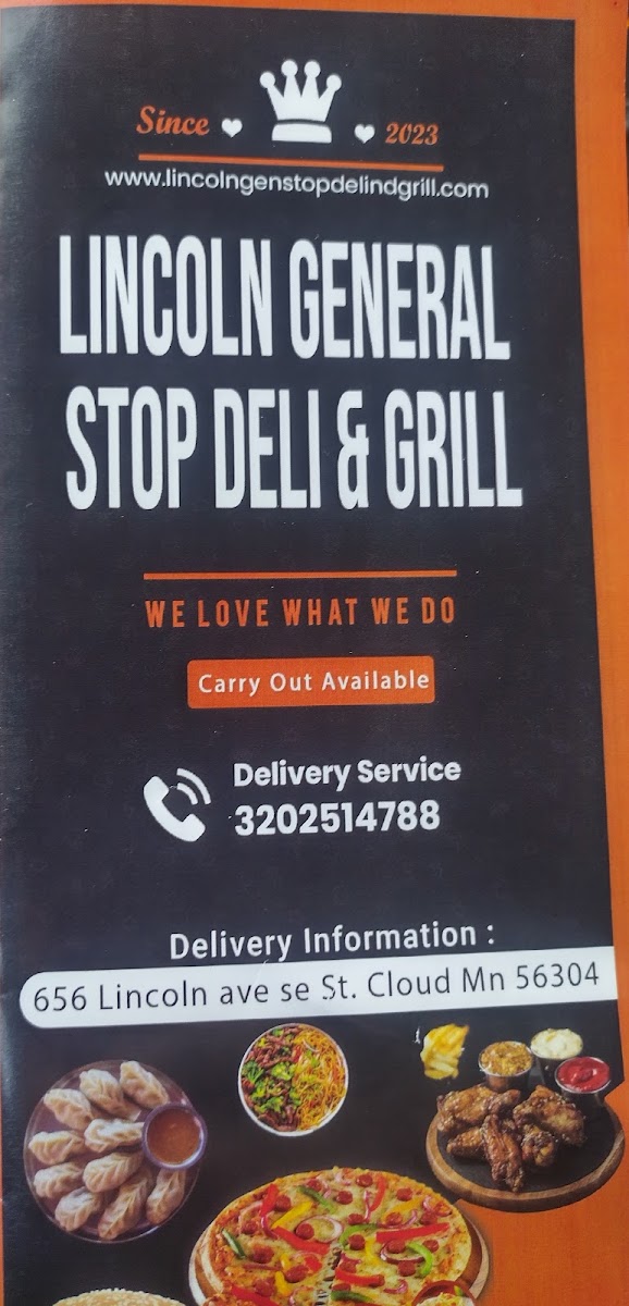 Lincoln general stop deli nd grill menu board