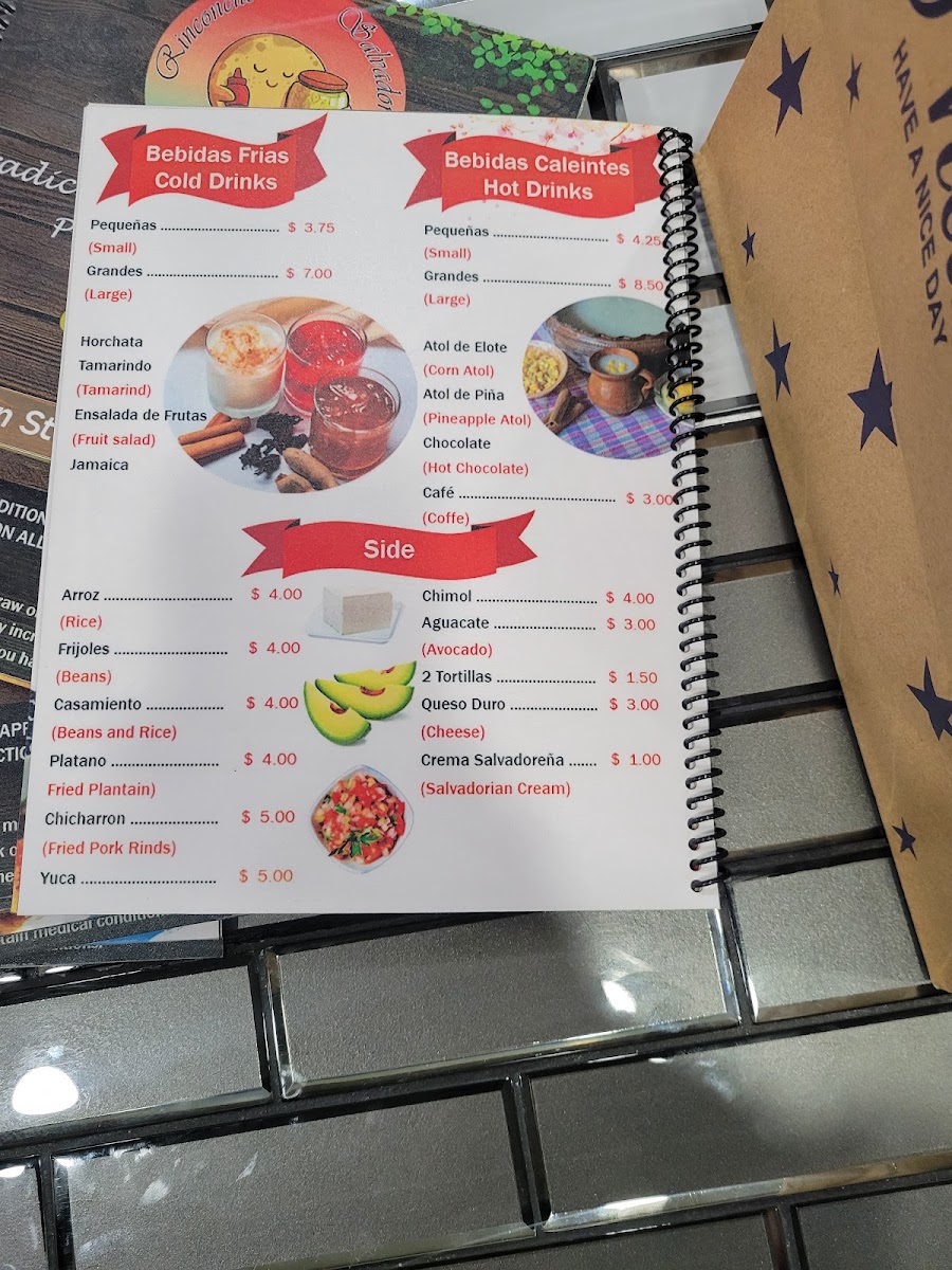 Rinconcito Salvadoreño menu board
