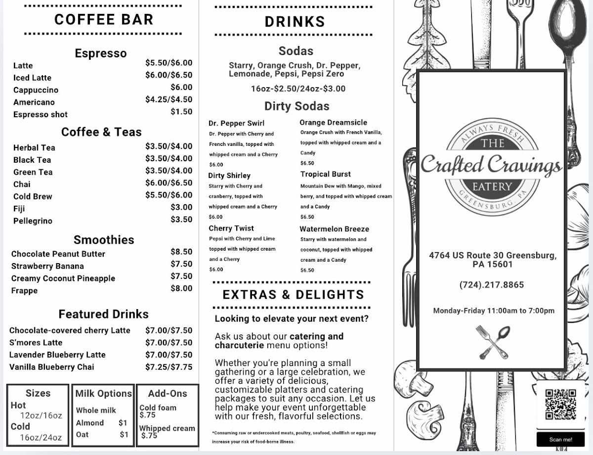 The Crafted Cravings Eatery menu board