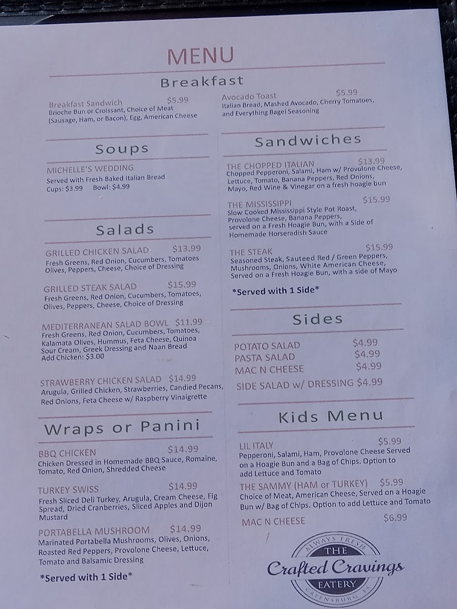 The Crafted Cravings Eatery menu board