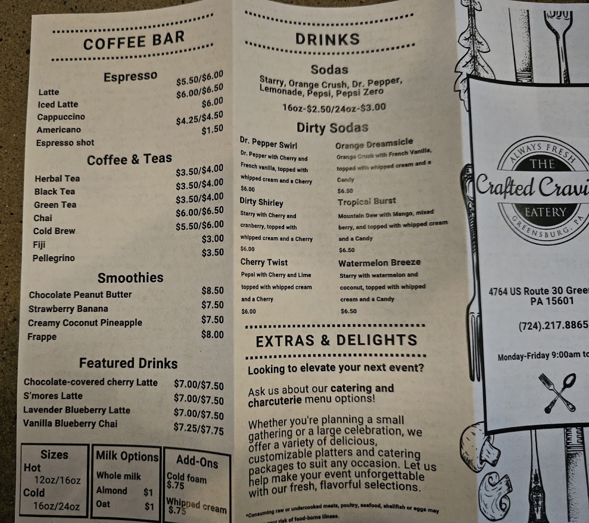 The Crafted Cravings Eatery menu board