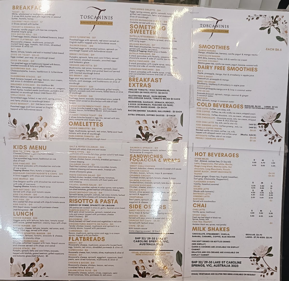 Toscanini's Cafe & European Restaurant & Gelato Bar menu board