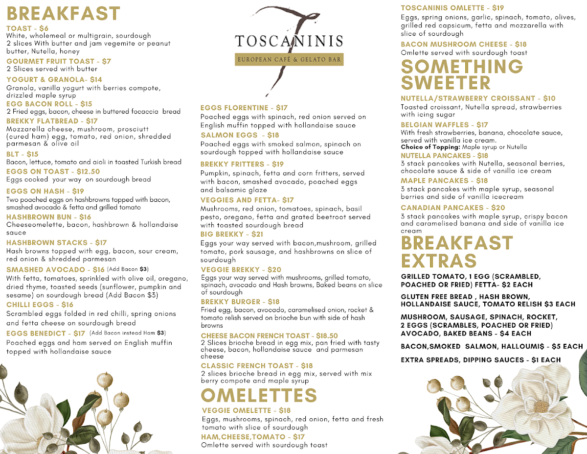 Toscanini's Cafe & European Restaurant & Gelato Bar menu board