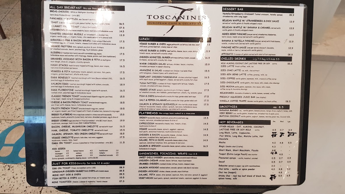 Toscanini's Cafe & European Restaurant & Gelato Bar menu board