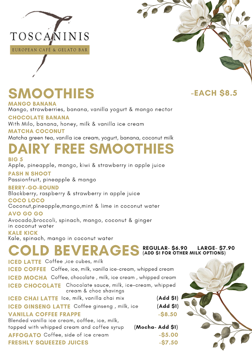 Toscanini's Cafe & European Restaurant & Gelato Bar menu board