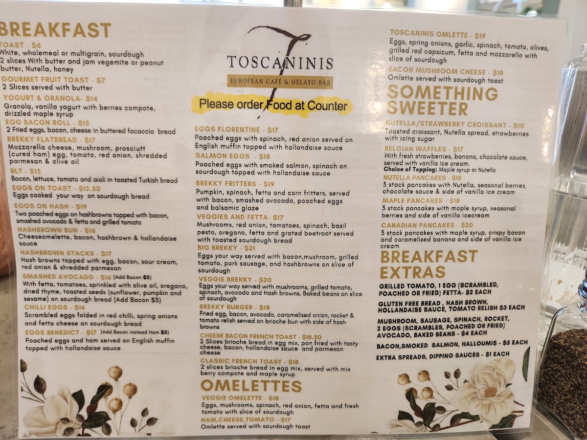 Toscanini's Cafe & European Restaurant & Gelato Bar menu board