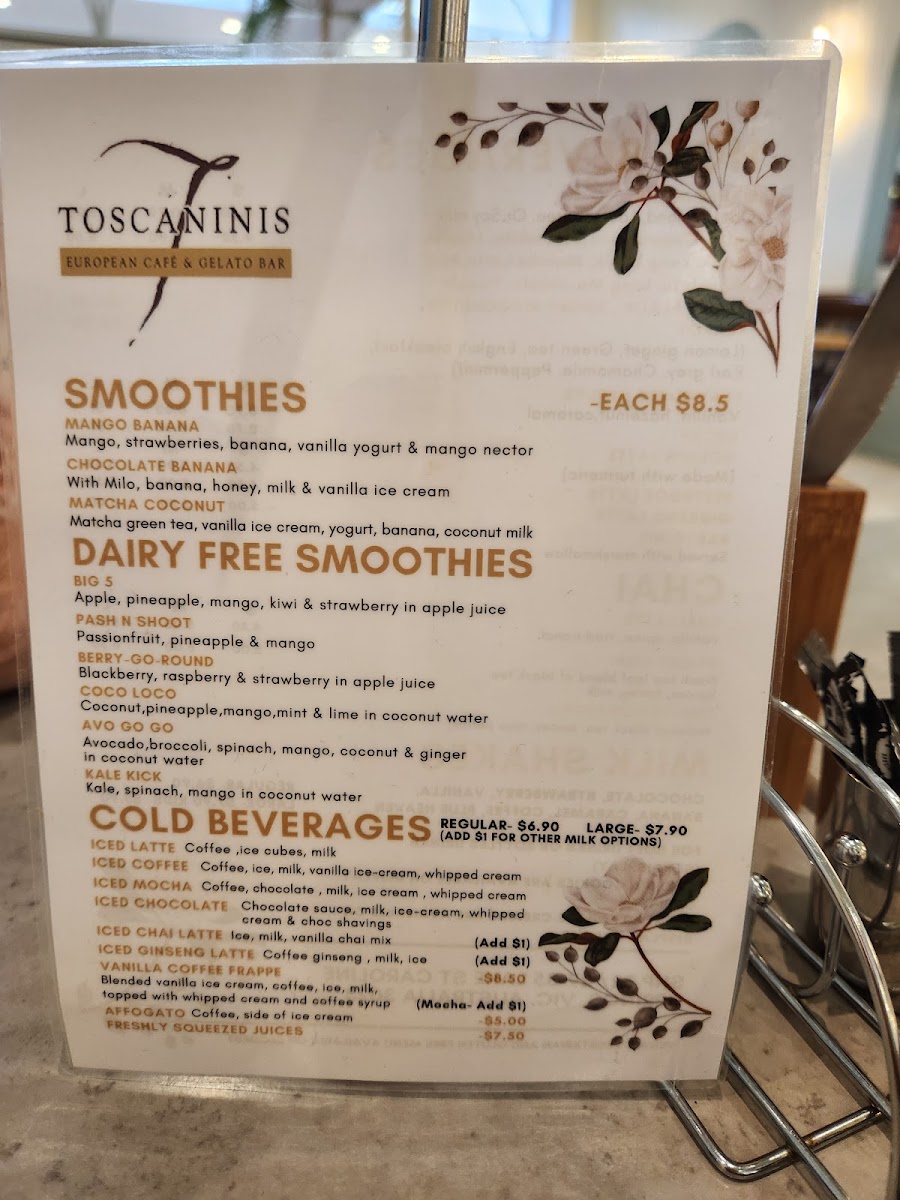 Toscanini's Cafe & European Restaurant & Gelato Bar menu board