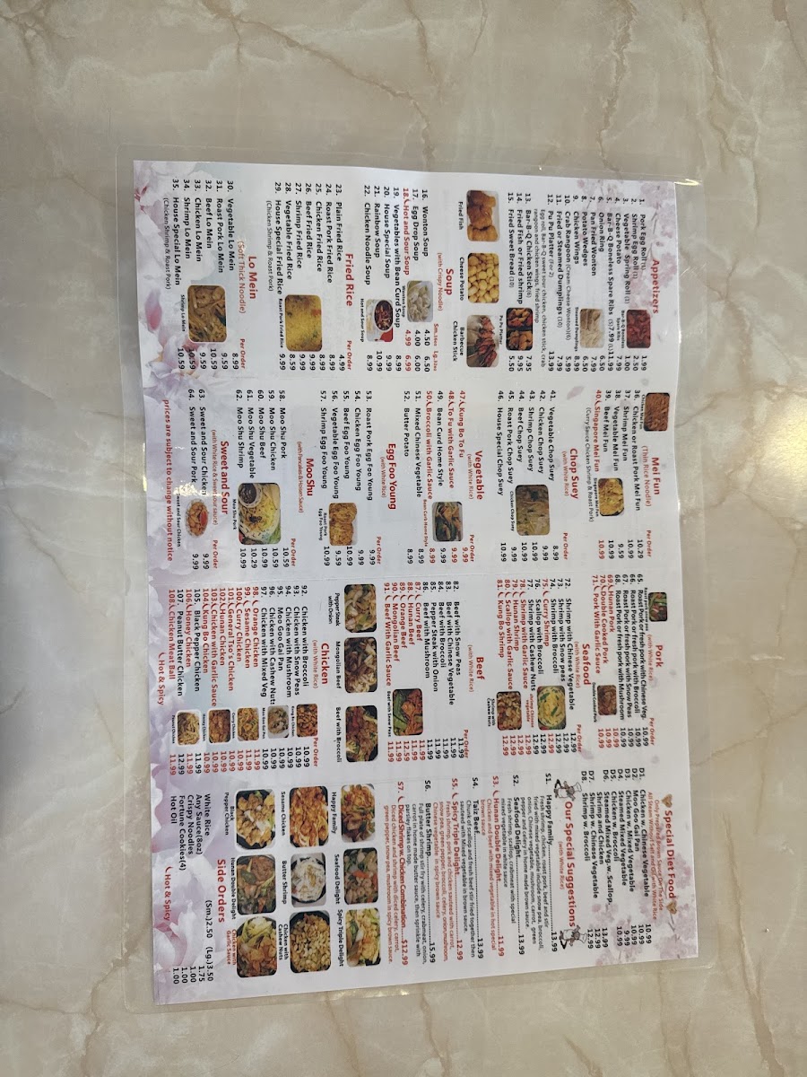 Eastern Chinese Restaurant menu board