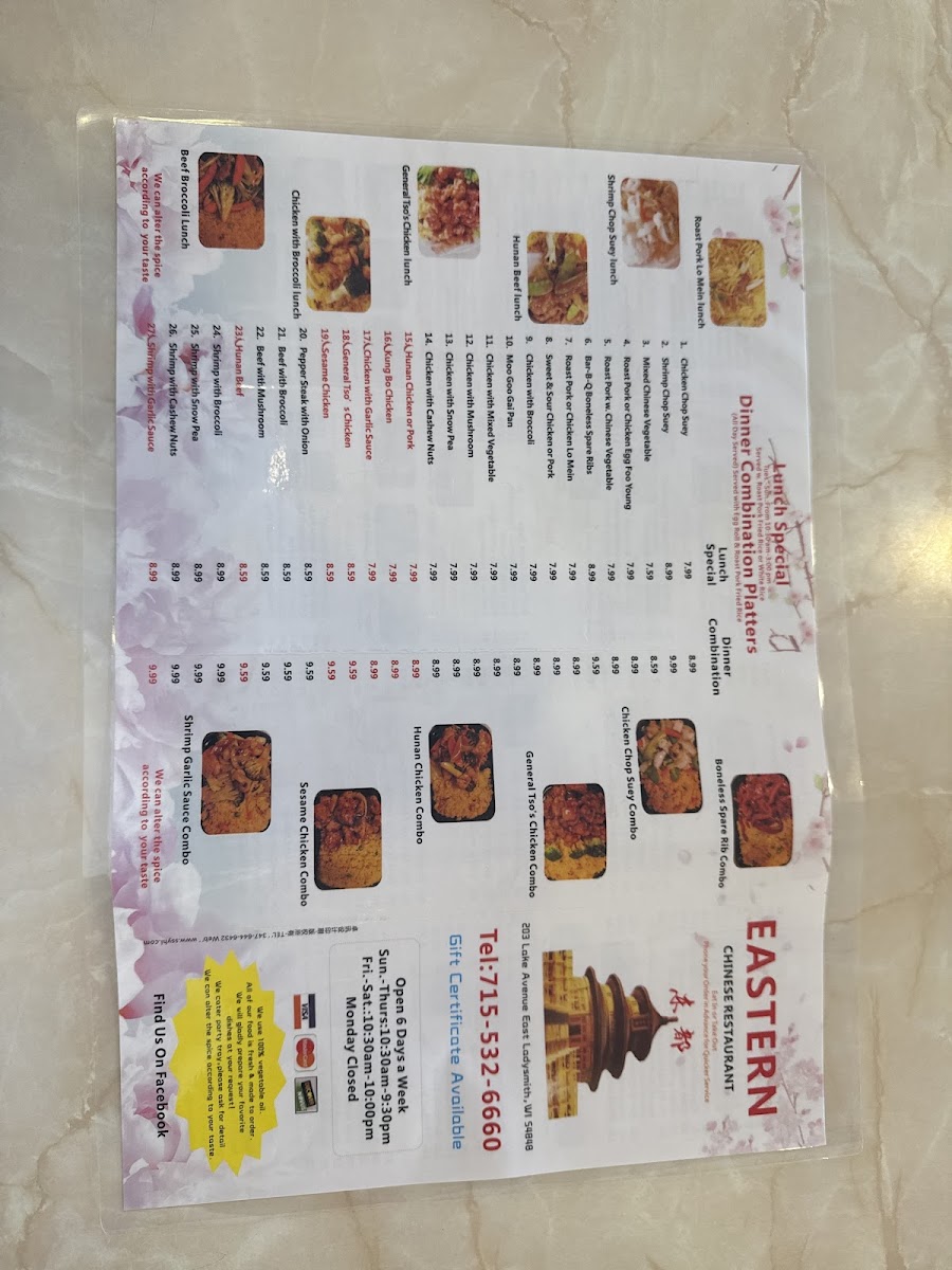 Eastern Chinese Restaurant menu board