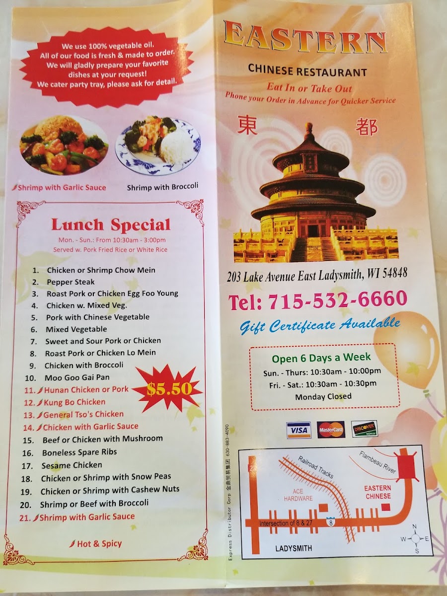 Eastern Chinese Restaurant menu board