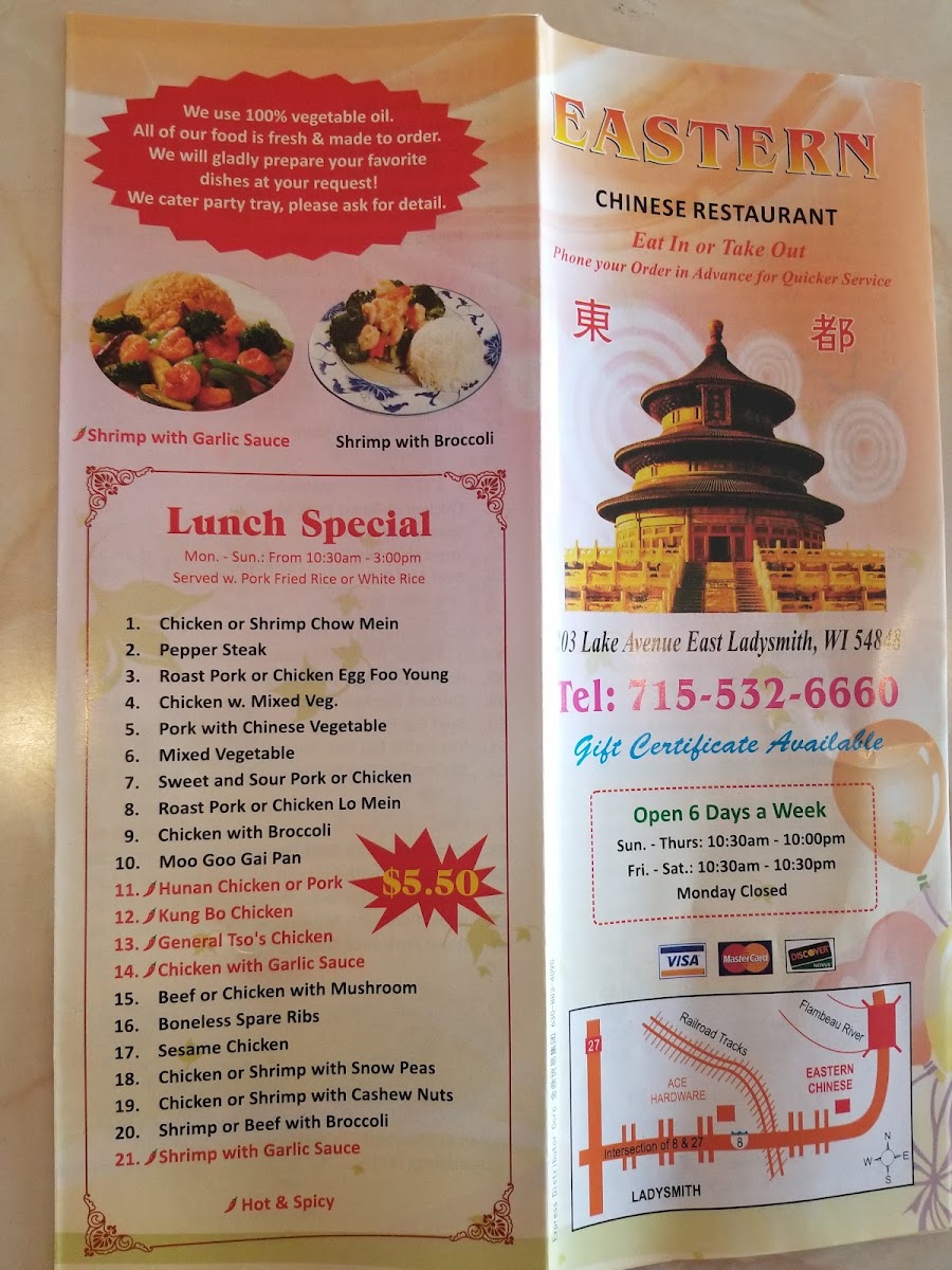 Eastern Chinese Restaurant menu board