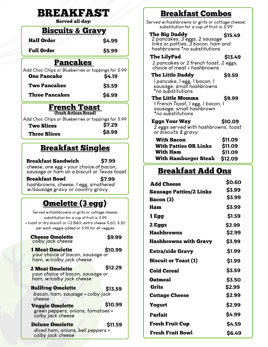 The Lilypad Cafe menu board
