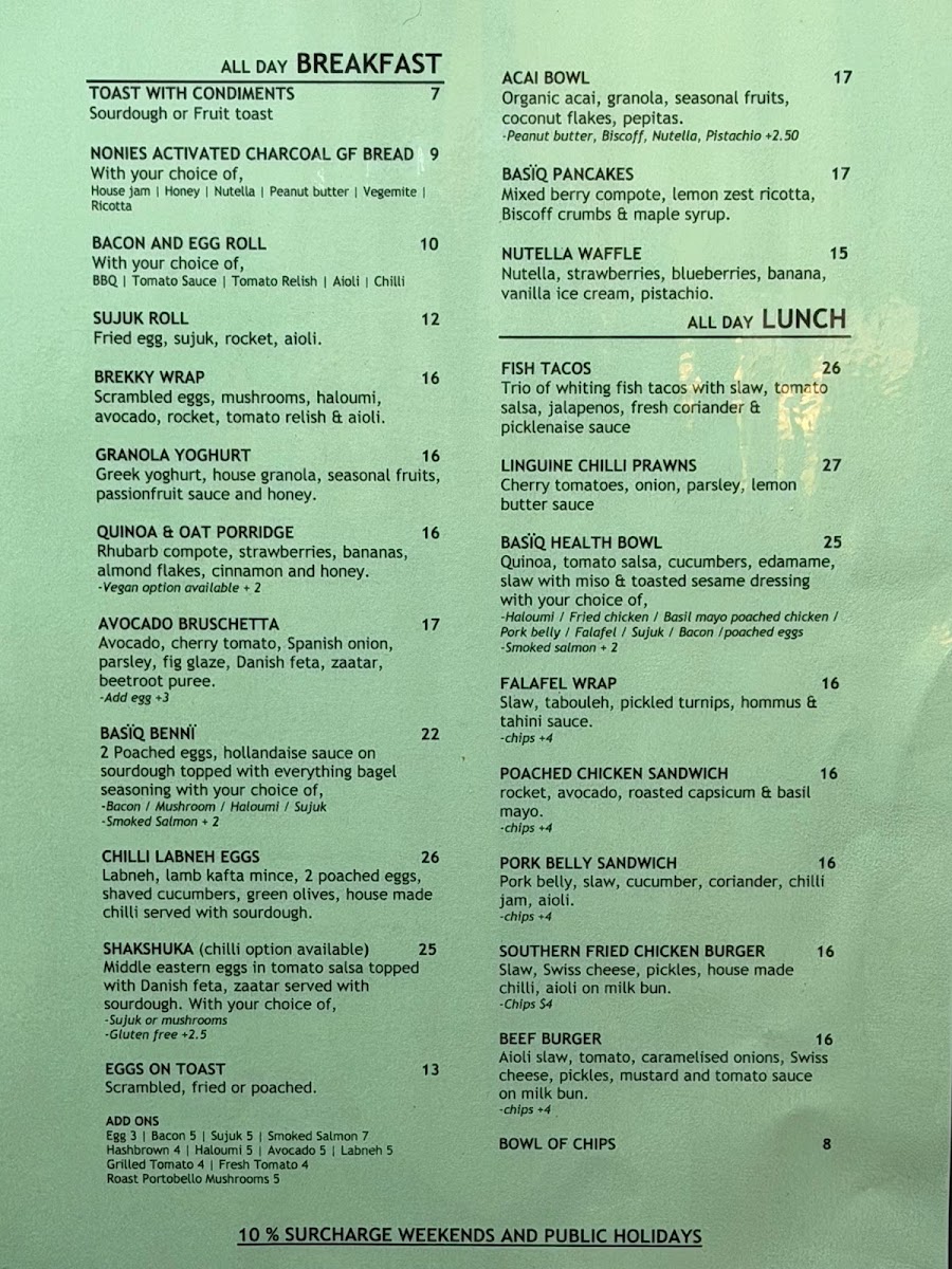 Basiq Cafe menu board