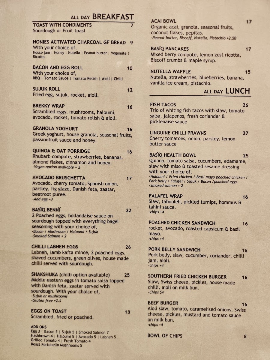 Basiq Cafe menu board