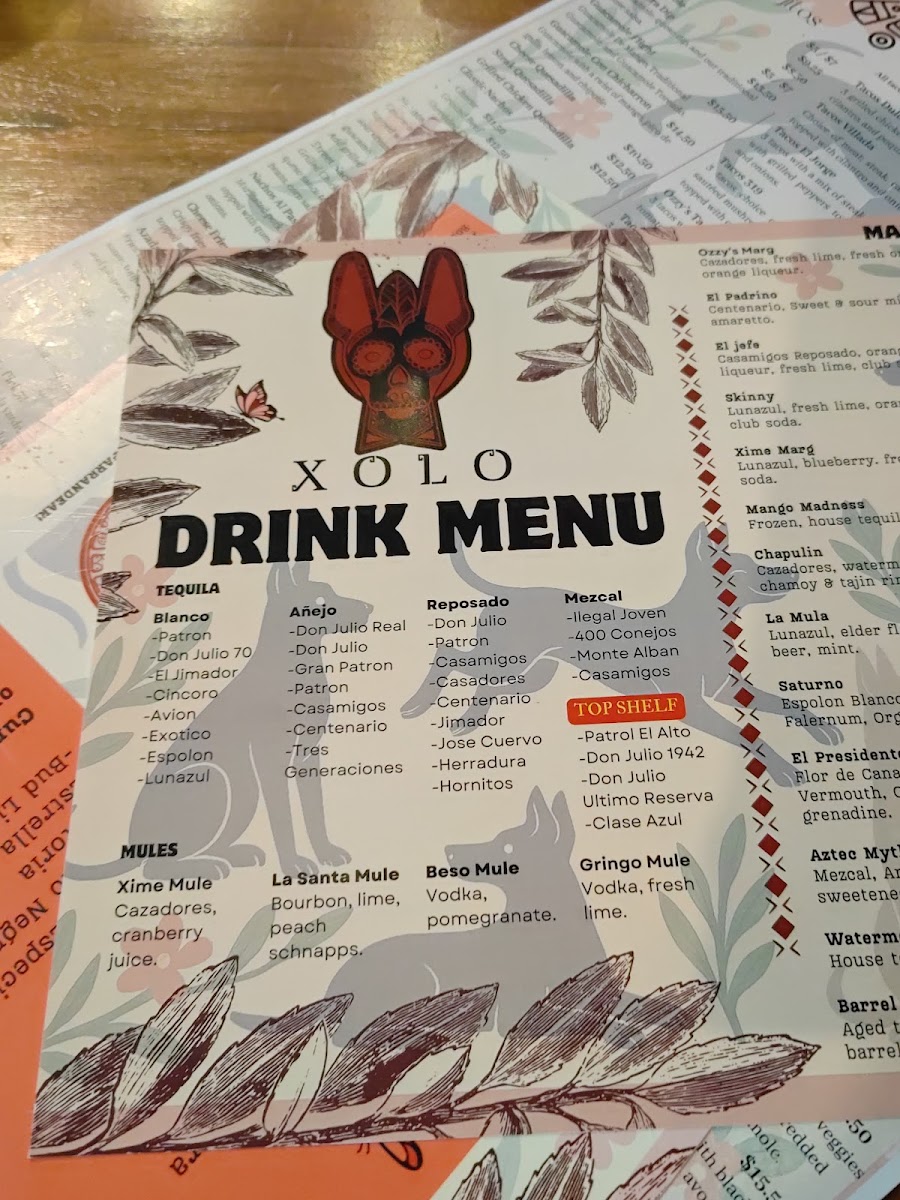 Xolo Mexican Cuisine menu board