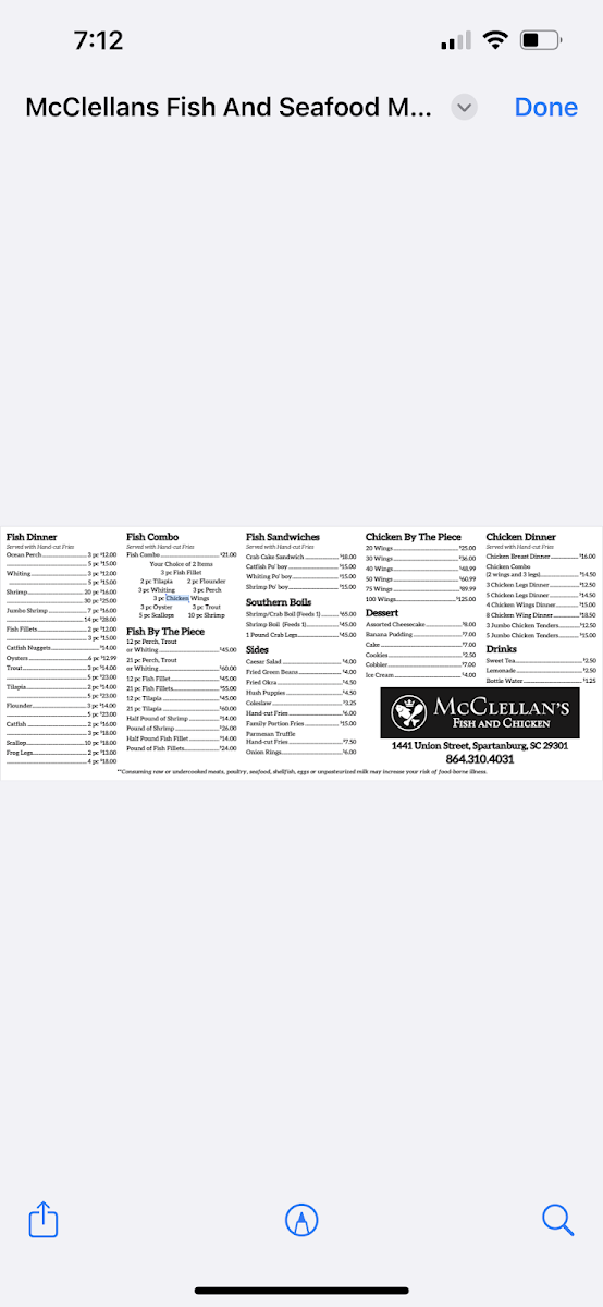 McClellan’s Fish and Chicken menu board