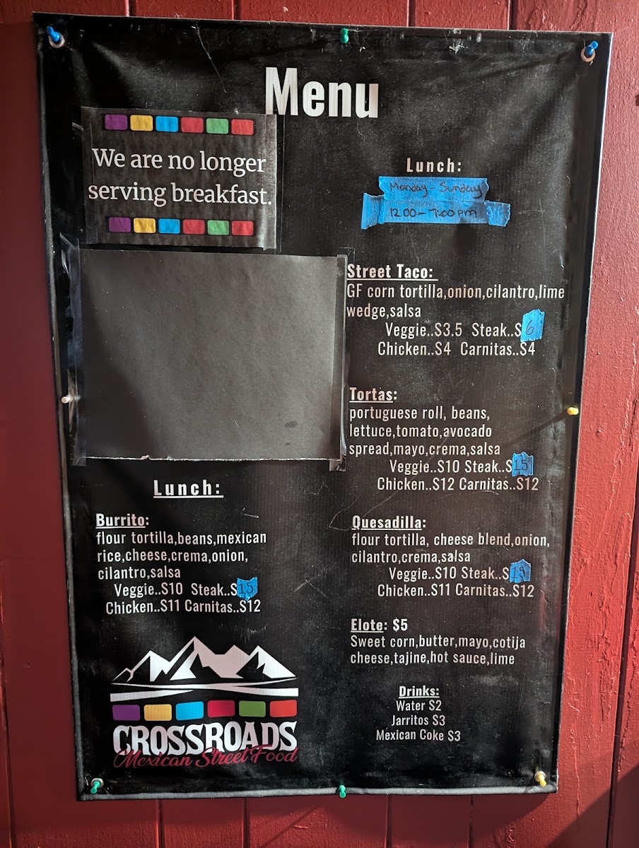 Crossroads Food Trailer menu board