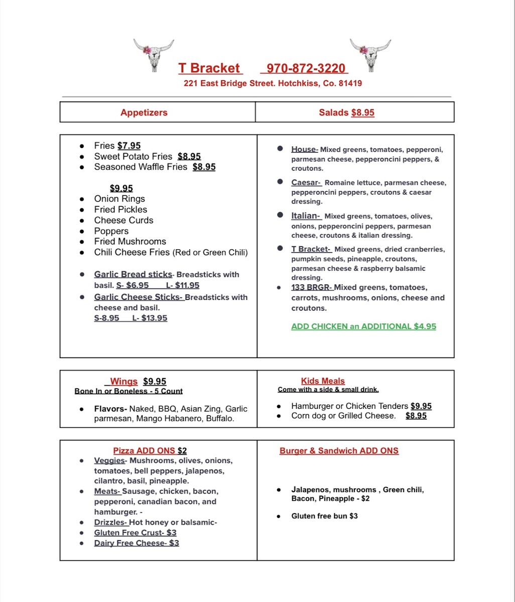 T Bracket Pizza menu board