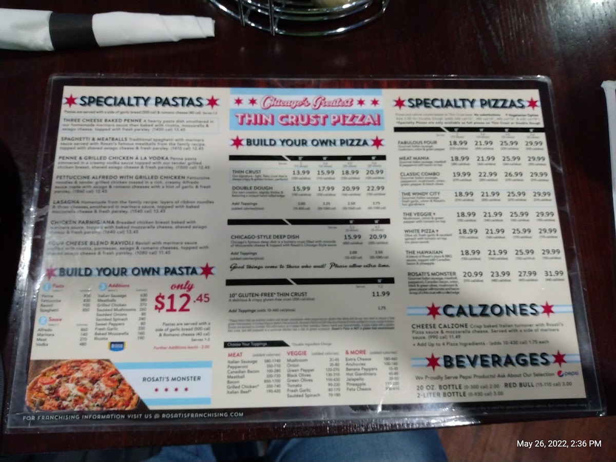 Rosati's Pizza menu board
