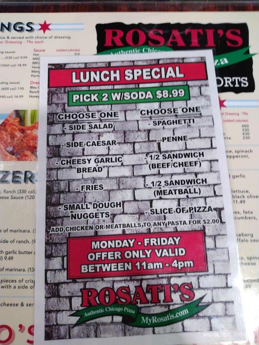 Rosati's Pizza menu board