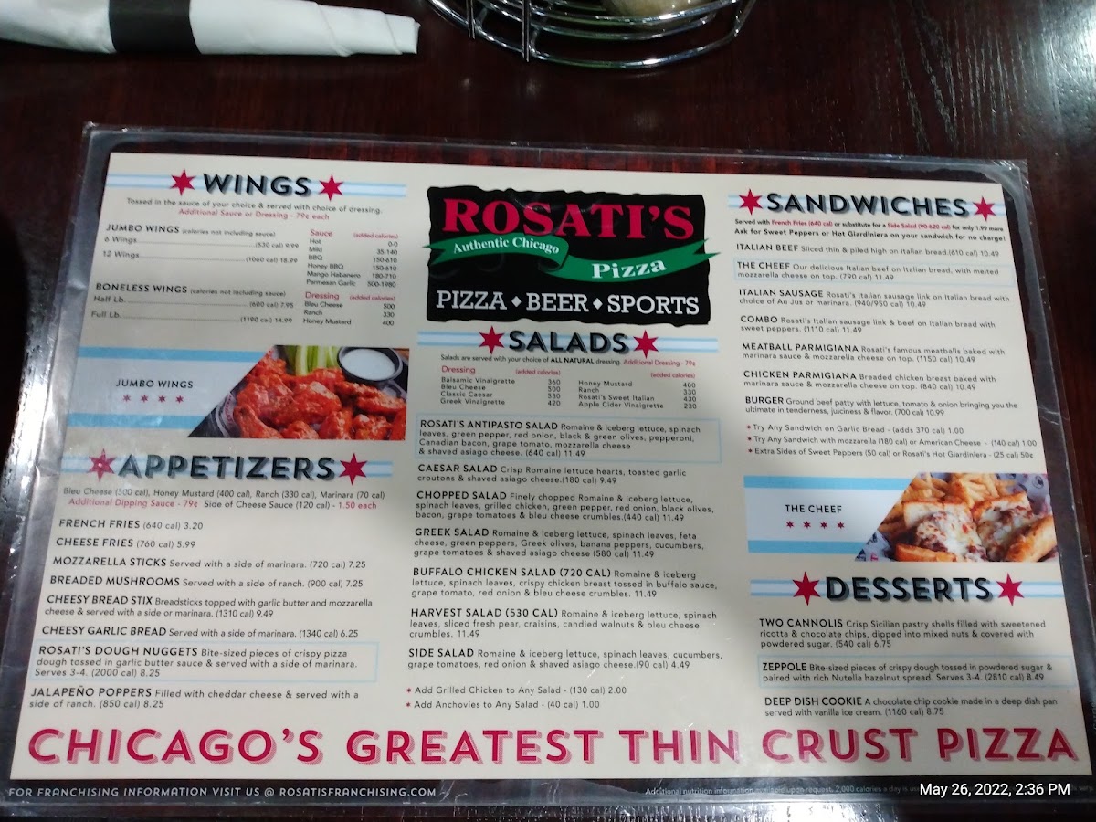 Rosati's Pizza menu board