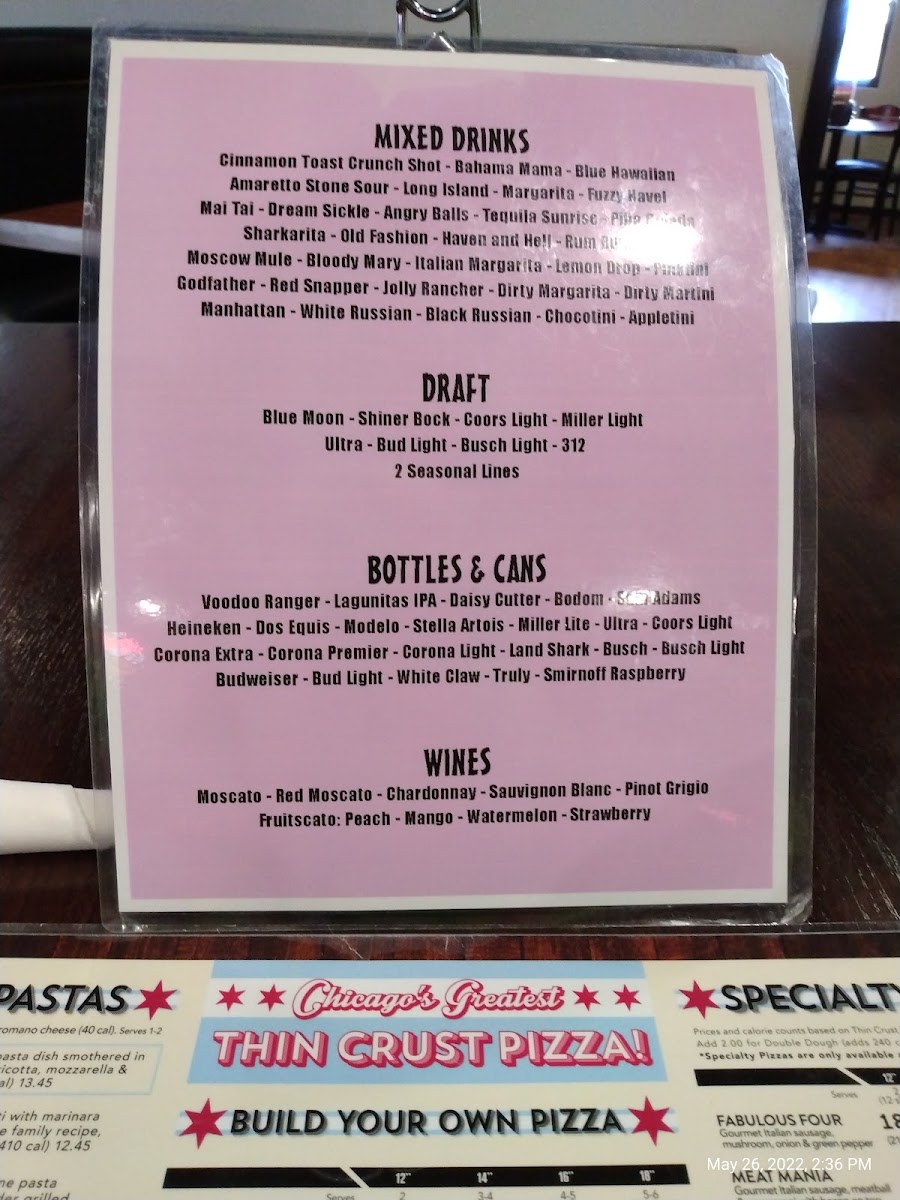 Rosati's Pizza menu board