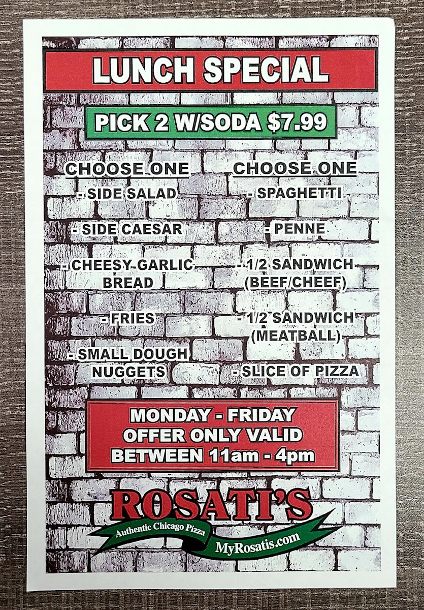 Rosati's Pizza menu board